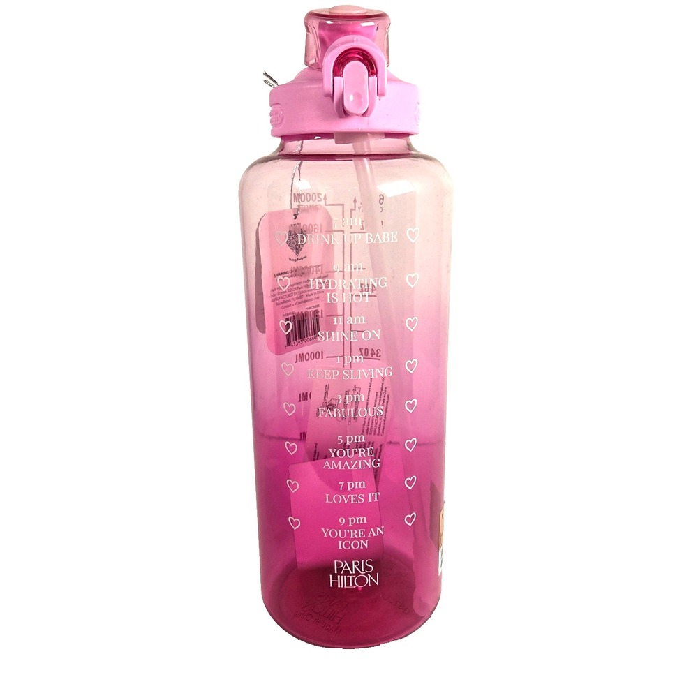 Paris Hilton 64 oz Water Bottle Pink Ombre Half Gallon Straw Motivational